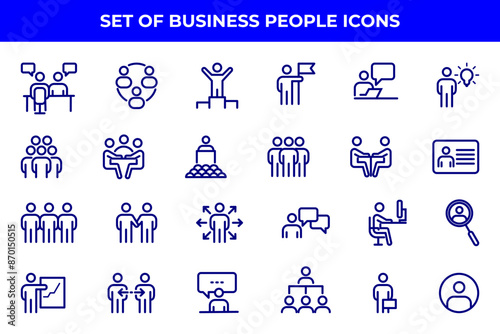 Simple Set of Business People Related Vector Line Icons. Contains such Icons as One-on-One Meeting, Workplace, Business Communication, Team Structure and more.