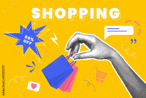 Trendy halftones collage business concept. Concept of sale,online shopping, online shopping, delivery service, favorable terms. Trendy modern retro illustration in bright trendy colors. Business