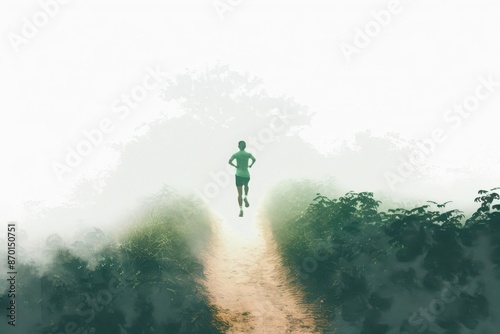 A person jogging through a misty forest trail, surrounded by lush greenery, evoking a sense of tranquility and solitude in nature.