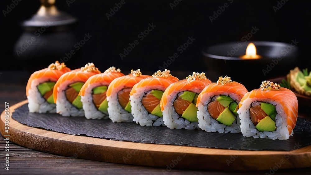 Fresh Vibrant Sushi Plate with Tuna, Avocado, and Seaweed
