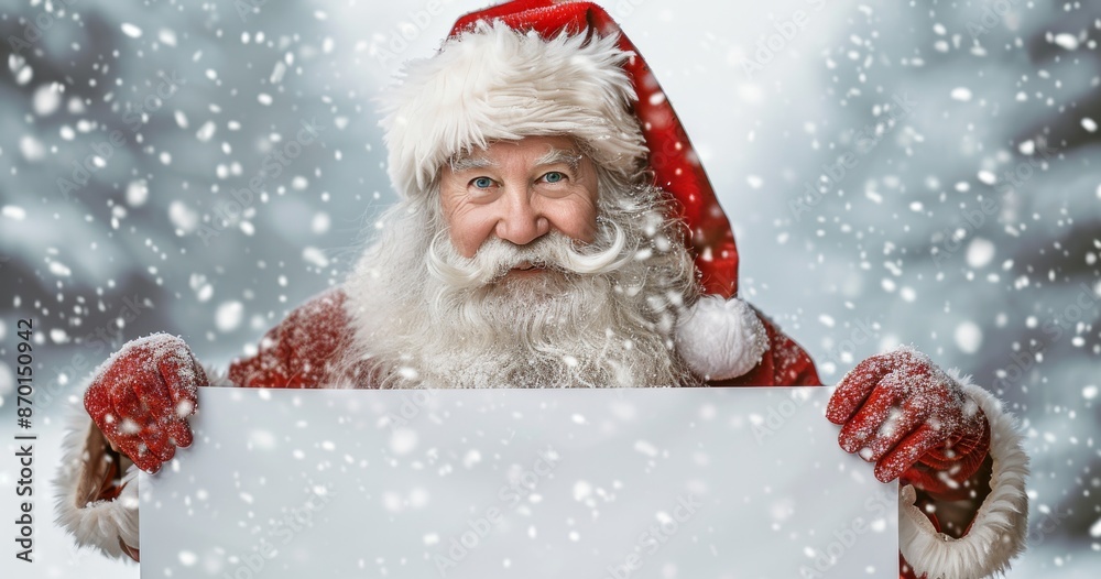Santa Claus holding a blank white sign with Christmas tree and snow background Santa Claus holding a blank white sign with Christmas tree and snow background