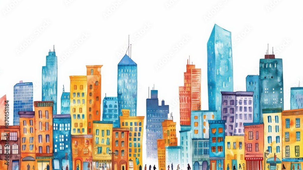 Obraz premium Colorful watercolor cityscape featuring vibrant mix tall buildings various architectural styles against white background.