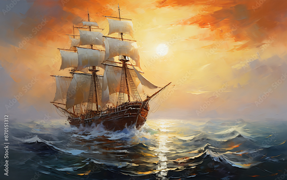 Obraz premium Sailing ship in the sea at sunset, 3d illustration.