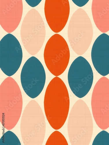 Abstract geometric pattern with teal, orange, pink and white ovals on a textured background.