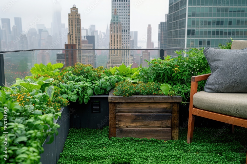 Rooftop urban garden with lush greenery and modern city buildings in ...