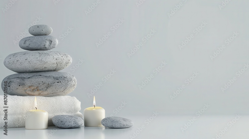 Serene spa setting with stacked stones and candles on a white towel, creating a peaceful ambiance for relaxation and meditation. Serene spa setting with stacked stones and candles on a white towel, creating a peaceful ambiance for relaxation and meditation.