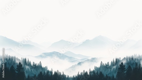 Serene mountain landscape with misty forests and layers of hills under a clear sky. Nature, tranquility, and beauty captured in one frame.
