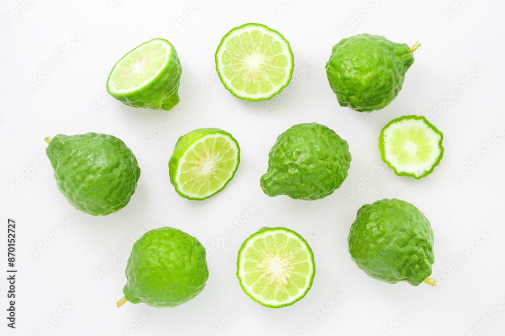 Bergamot with slices collection on white background , top view , flat lay. Bergamot with slices collection on white background , top view , flat lay.