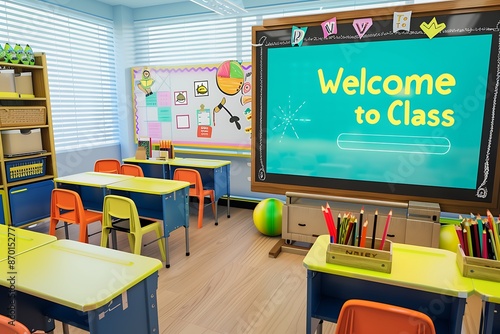 A classroom with a smart board displaying a "Welcome to Class" message, neatly arranged desks, and bright decor