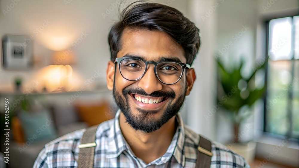 Portrait Of Smiling Indian Man With Eyeglasses And Braces In Home Interior Portrait Of Smiling Indian Man With Eyeglasses And Braces In Home Interior