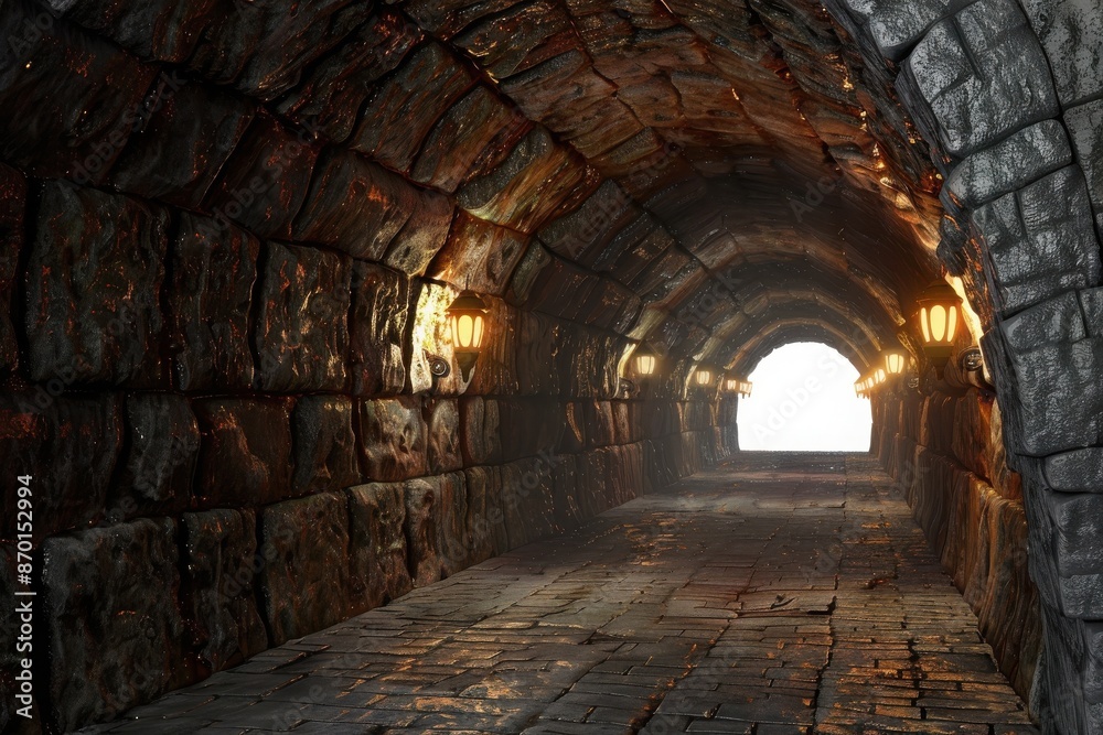 Dimly lit stone tunnel with arched ceiling leading to a bright exit. The ancient passageway is illuminated by wall-mounted lanterns. Dimly lit stone tunnel with arched ceiling leading to a bright exit. The ancient passageway is illuminated by wall-mounted lanterns.