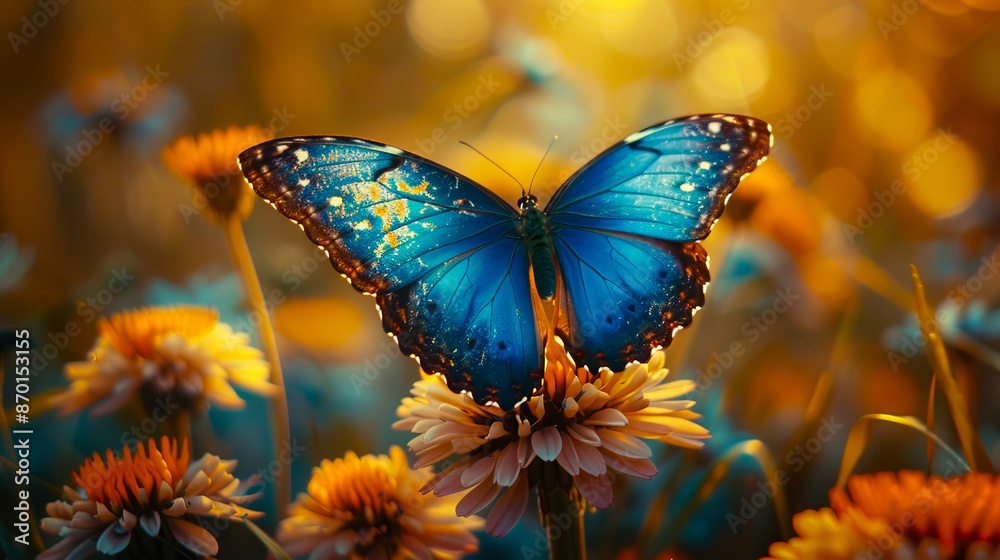 Obraz premium A blue butterfly is sitting on top of some flowers.