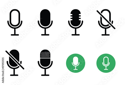 Miicrophone icons set. Interview mic icon set. Audio record thin outline signs. Podcast icons set. Broadcast micrphone icons set.