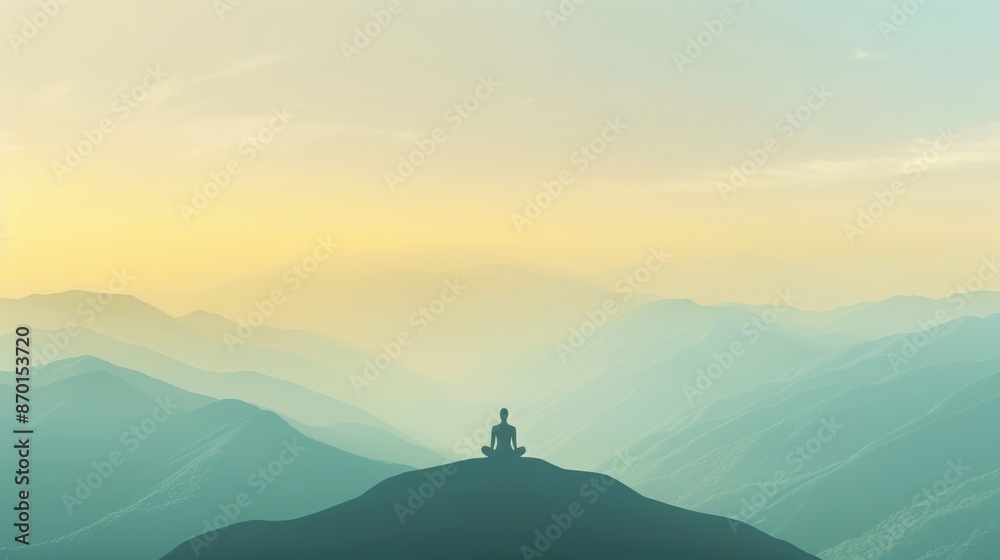 A lone figure sits in meditation on a mountain peak, surrounded by layers of blue mountains and a warm, serene sunrise. A lone figure sits in meditation on a mountain peak, surrounded by layers of blue mountains and a warm, serene sunrise.