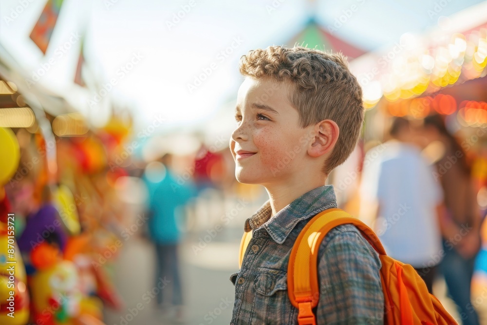 A happy child with a backpack gazes in wonder at a vibrant amusement park full of colors, games, and rides on a sunny day. A happy child with a backpack gazes in wonder at a vibrant amusement park full of colors, games, and rides on a sunny day.