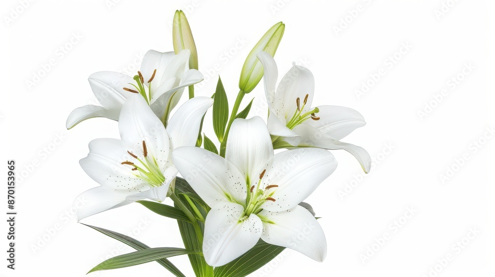 Beautiful white lilies in full bloom against a white background, showcasing their delicate petals and vibrant green leaves.