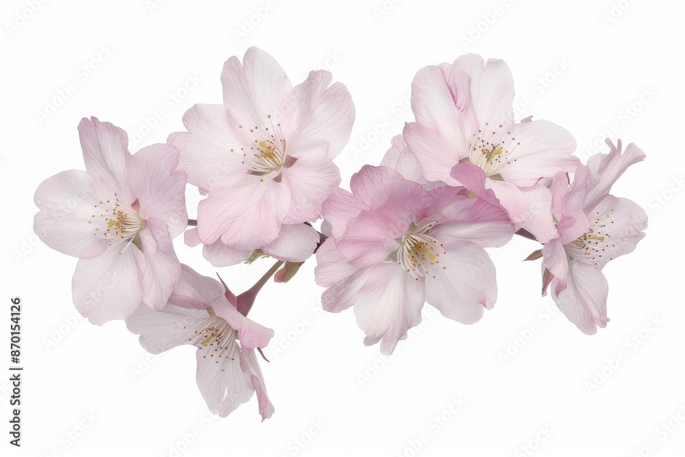 Close-up of delicate pink cherry blossoms in full bloom against a white background, showcasing their beauty and elegance. Close-up of delicate pink cherry blossoms in full bloom against a white background, showcasing their beauty and elegance.