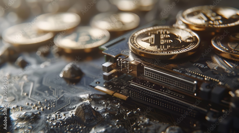 Close-up of Bitcoin coins on a computer motherboard, symbolizing cryptocurrency and blockchain technology. Close-up of Bitcoin coins on a computer motherboard, symbolizing cryptocurrency and blockchain technology.