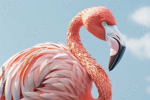 A close-up shot of a pink flamingo against a blue sky, highlighting its detailed feathers and distinctive curved beak. photo