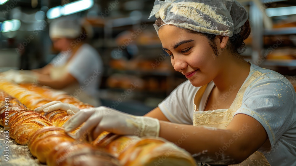 Group of female workers working at a bread factory food industry concept Group of female workers working at a bread factory food industry concept