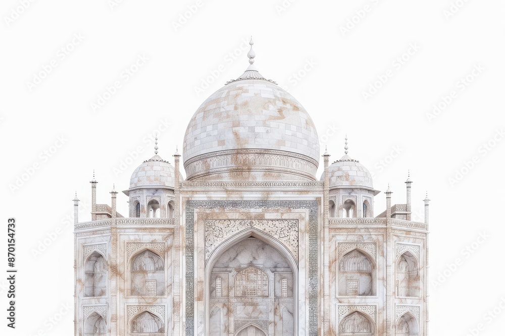 Obraz premium Stunning white marble facade of the iconic Taj Mahal, captured in an elegant and majestic view against a clear sky.