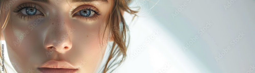 Fototapeta premium This image is a close-up of a woman's face with blue eyes, natural makeup, and light freckles, bathed in soft lighting from the side.
