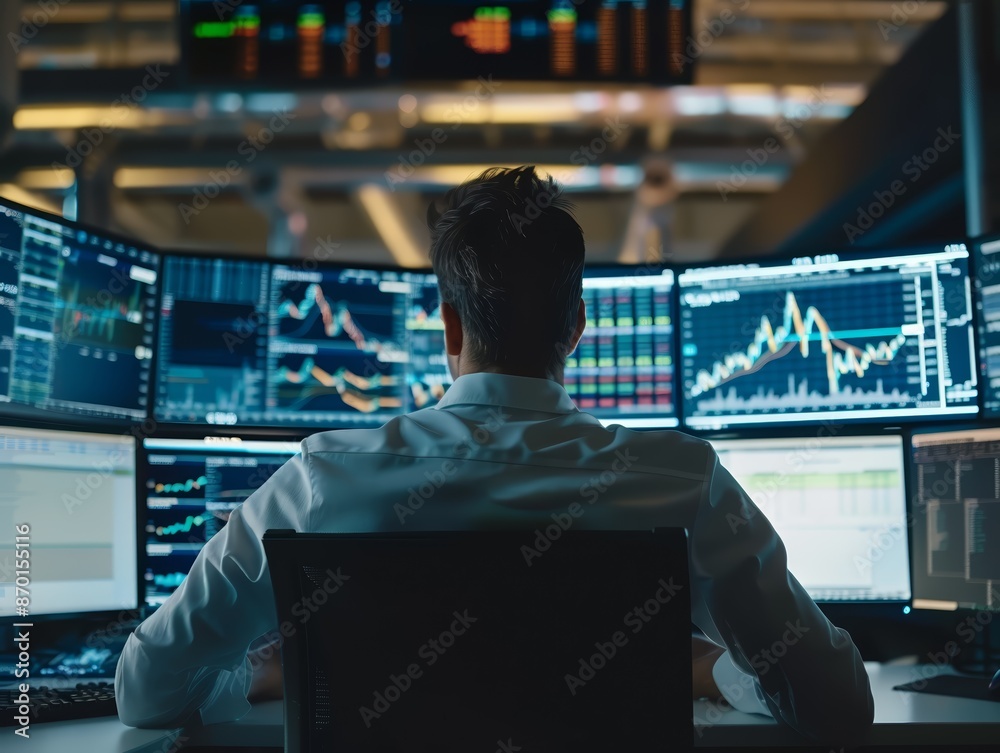 A person sitting at a trading desk with multiple screens displaying stock market data and graphs. A person sitting at a trading desk with multiple screens displaying stock market data and graphs.