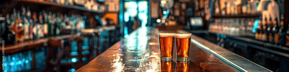 Bar counter with two bottles of beer Bar counter with two bottles of beer