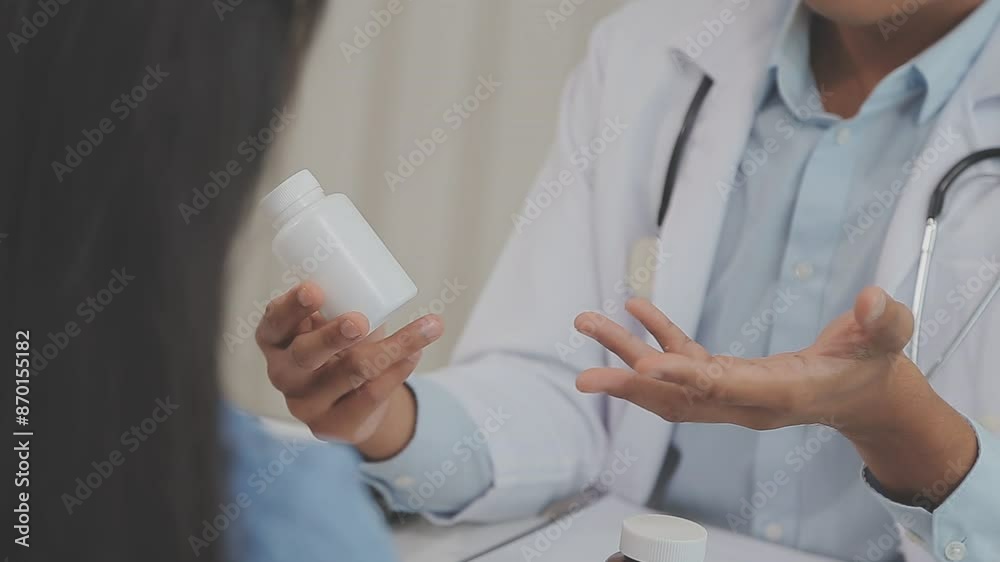 Confident doctor man holding a pill bottle while talking with a senior patient and reviewing his medication at office room. Confident doctor man holding a pill bottle while talking with a senior patient and reviewing his medication at office room.