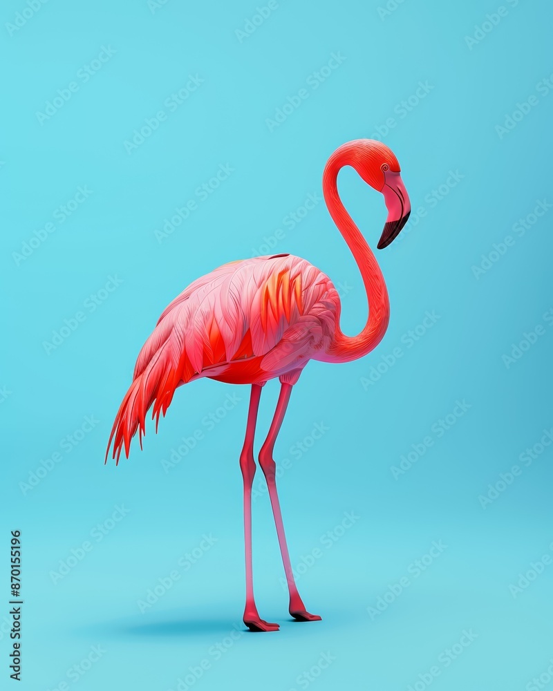 Fototapeta premium A vibrant pink flamingo with a curved neck stands gracefully against a bright blue background.