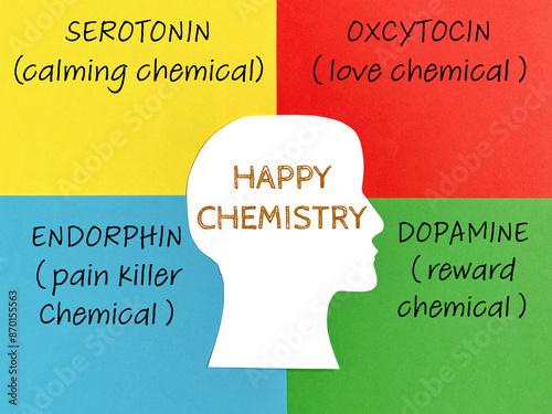 Happy Chemistry - Endorphin,Serotonin,Dopamine, Oxytocin with copy space background. Brain happy chemicals Mental health concept. Stock photo.