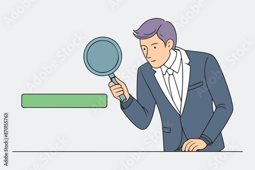 Business man examines through a magnifying glass with search engine button line with vector illustration on white background.