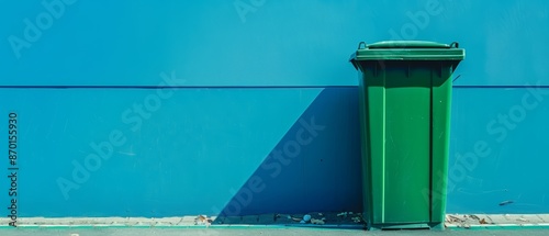 A green trash bin stands against a bright blue wall, casting a shadow on the ground. Small debris is scattered along the base of the wall. photo