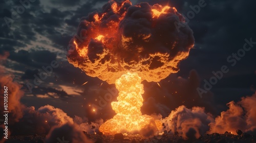 A large, fiery explosion with a mushroom cloud dominates the night sky, indicating a detonation or significant blast event. photo