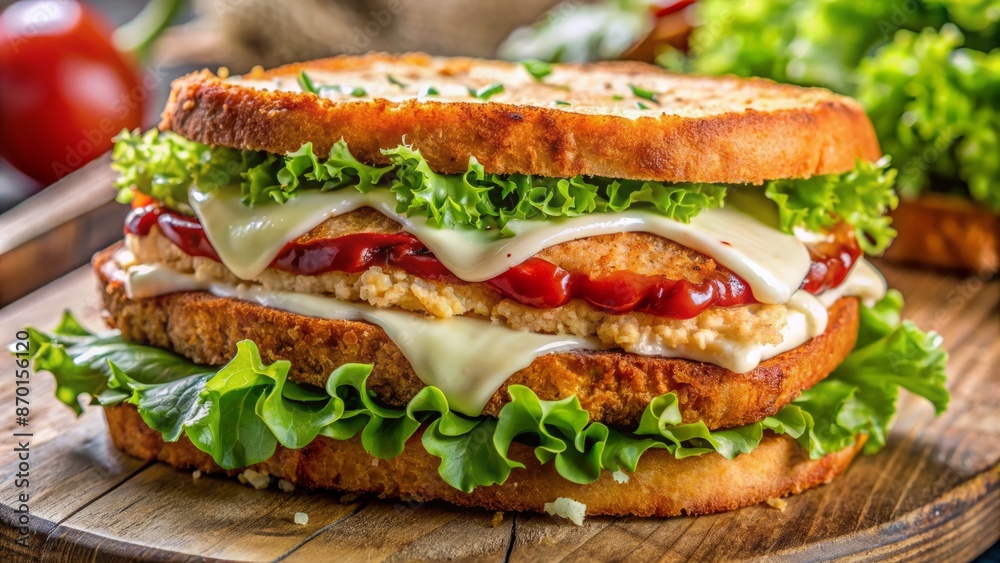 Juicy chicken fillet layered with crispy parmesan cheese, fresh lettuce, and tangy sauce on toasted bread, close-up shot. Juicy chicken fillet layered with crispy parmesan cheese, fresh lettuce, and tangy sauce on toasted bread, close-up shot.