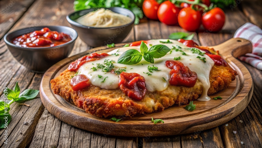 Golden-breaded chicken topped with marinara sauce and melted mozzarella cheese on a rustic wooden table setting Golden-breaded chicken topped with marinara sauce and melted mozzarella cheese on a rustic wooden table setting