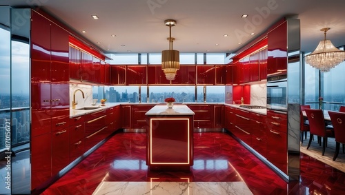 A sleek 4K resolution modern luxury red kitchen, situated in a sprawling upscale penthouse apartment photo