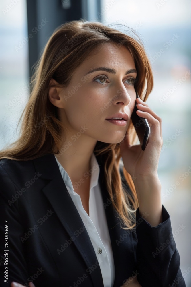 Businesswoman Talking on Phone, Serious Expression, Window Background Businesswoman Talking on Phone, Serious Expression, Window Background