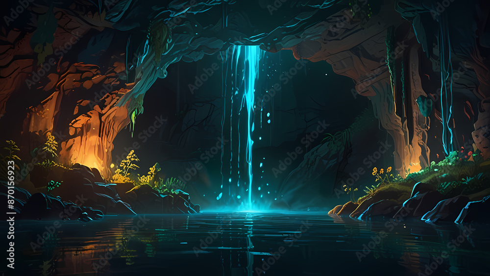 Illustration of a hidden cave with a stunning waterfall cascading down into a crystal-clear pool Illustration of a hidden cave with a stunning waterfall cascading down into a crystal-clear pool