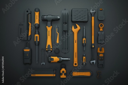 Flat lay of various orange and black tools arranged neatly on a dark background, featuring wrenches, screwdrivers, and other hardware equipment.