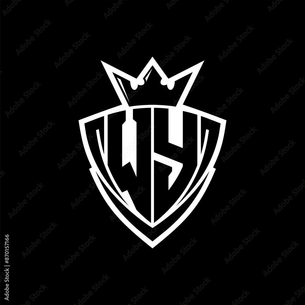 WY Letter logo with sharp triangle shield shape with crown inside white outline on black background template design WY Letter logo with sharp triangle shield shape with crown inside white outline on black background template design