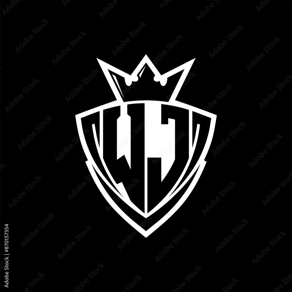 WJ Letter logo with sharp triangle shield shape with crown inside white outline on black background template design WJ Letter logo with sharp triangle shield shape with crown inside white outline on black background template design