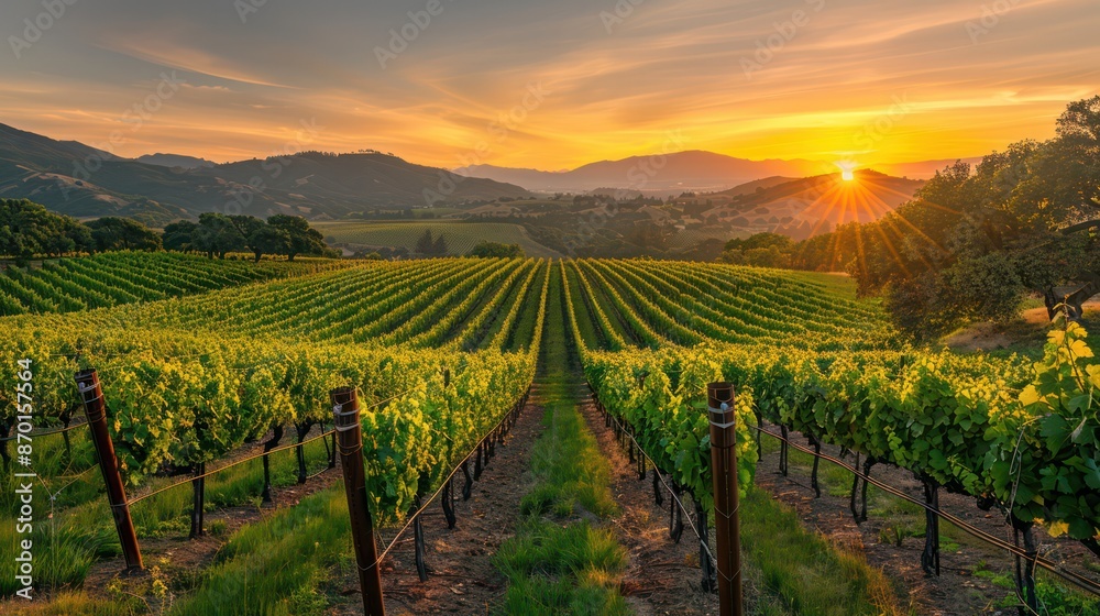 Fototapeta premium Picturesque vineyards with rows of grapes and a beautiful sunset in the background.