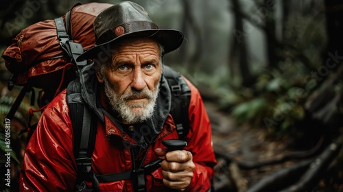 A older man is hiking in the Tasmanian wilderness. The weather is clear but the forest is damp.