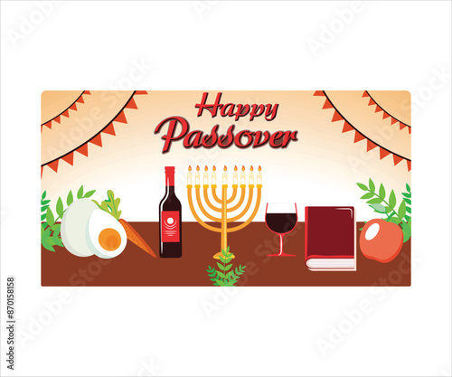 Happy passover horizontal banner  with vegetables, holy book, and drink. Flat vector modern illustration