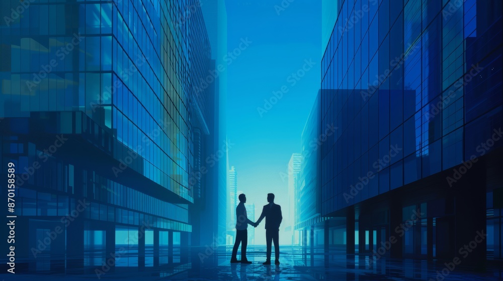 two businessmen shake hands. two business buildings at the background. blue colors. two businessmen shake hands. two business buildings at the background. blue colors.