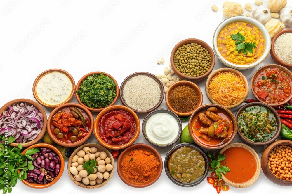 A variety of colorful spices and ingredients in bowls arranged on a white background, showcasing diverse culinary elements. A variety of colorful spices and ingredients in bowls arranged on a white background, showcasing diverse culinary elements.