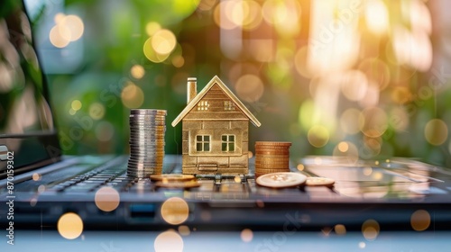 A miniature house model and stacked coins on a laptop with a blurred nature background, symbolizing real estate investment and financial growth.