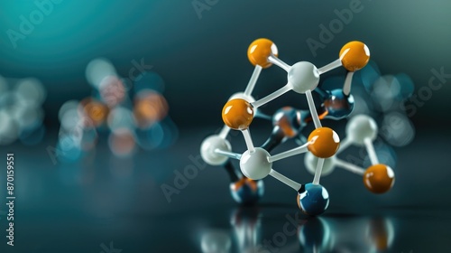 Close-up of a molecular model displaying atoms connected by bonds, representing chemistry and scientific research in a laboratory setting.