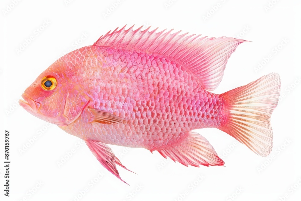 Close-up of a vibrant pink fish against a white background, showcasing its scales, fins, and intricate details, perfect for marine life use. Close-up of a vibrant pink fish against a white background, showcasing its scales, fins, and intricate details, perfect for marine life use.